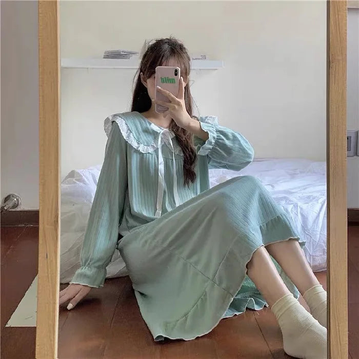 NS Style Women's Long-Sleeved Nightgown – Knee-Length Pajamas with Doll Collar, Princess-Inspired Fairy Court Design, Perfect for Spring and Fall Lounging