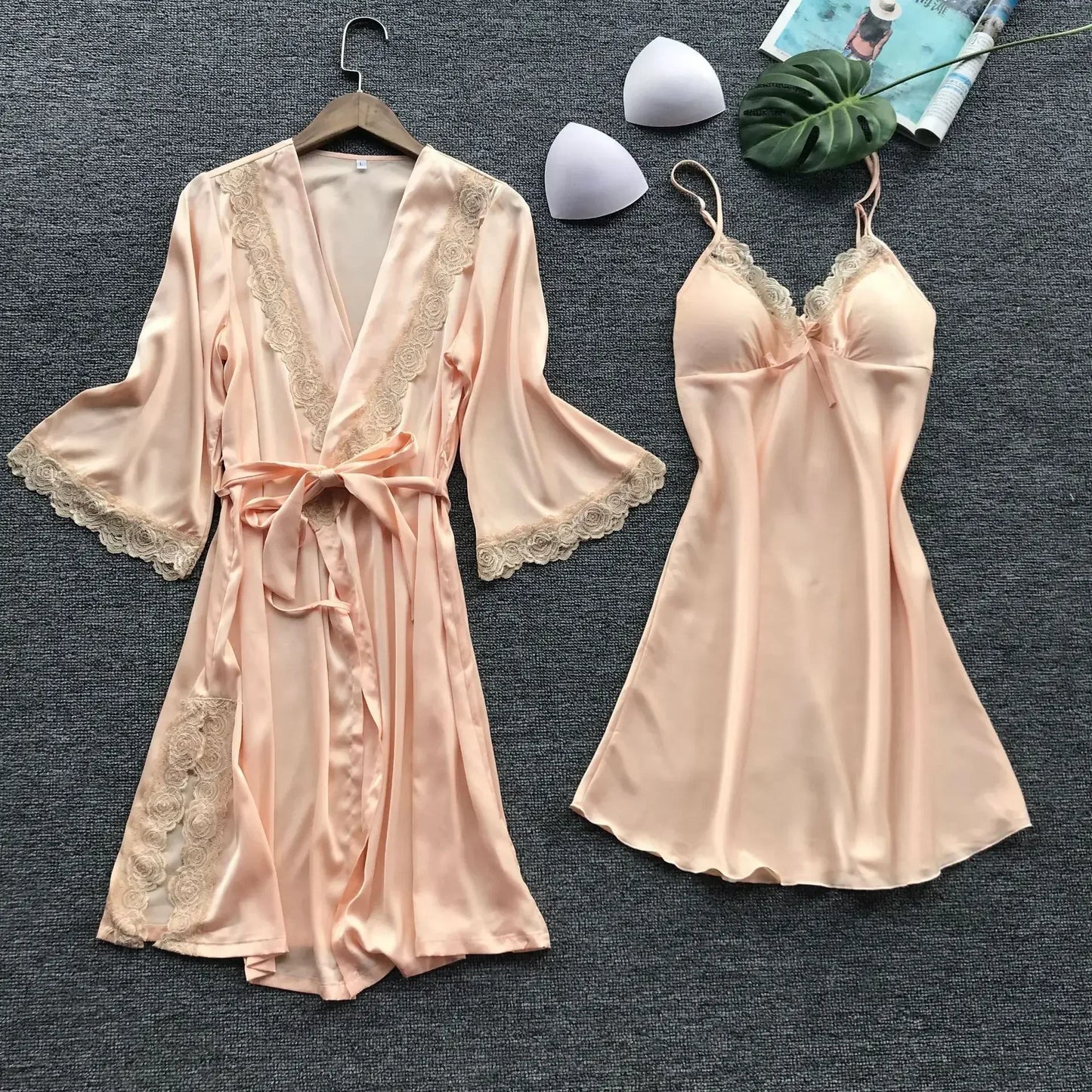 2-Piece Women's Satin Lace Sleepwear Set – Elegant Robe & Nightdress
