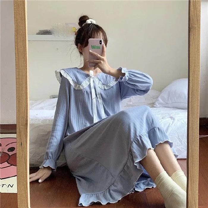 NS Style Women's Long-Sleeved Nightgown – Knee-Length Pajamas with Doll Collar, Princess-Inspired Fairy Court Design, Perfect for Spring and Fall Lounging