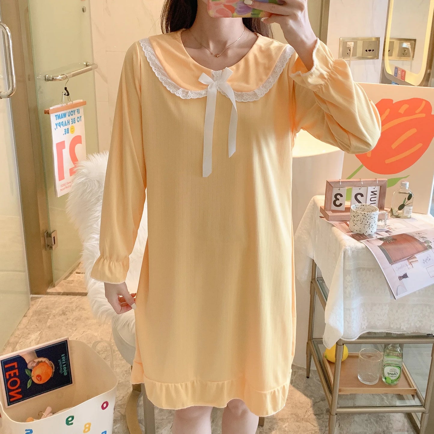 NS Style Women's Long-Sleeved Nightgown – Knee-Length Pajamas with Doll Collar, Princess-Inspired Fairy Court Design, Perfect for Spring and Fall Lounging