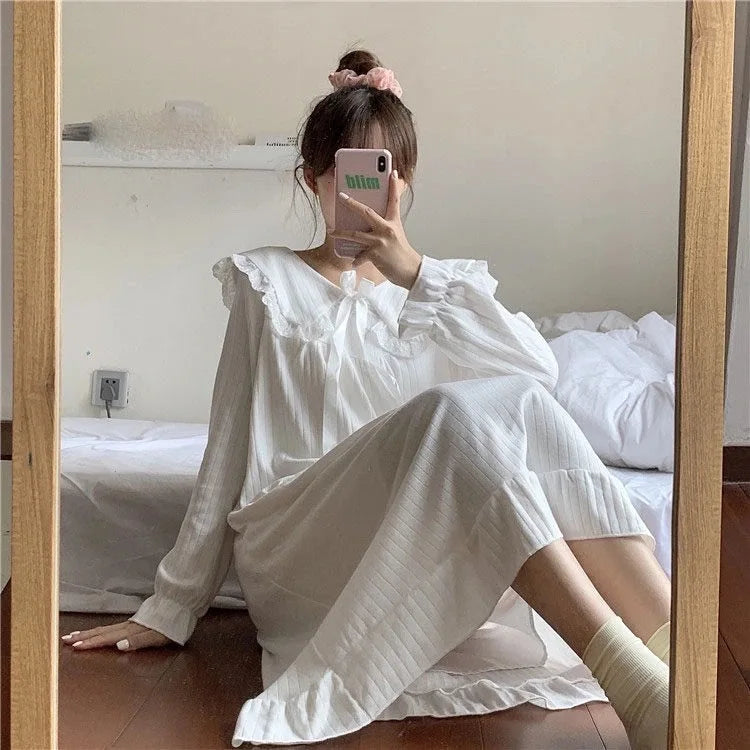 NS Style Women's Long-Sleeved Nightgown – Knee-Length Pajamas with Doll Collar, Princess-Inspired Fairy Court Design, Perfect for Spring and Fall Lounging