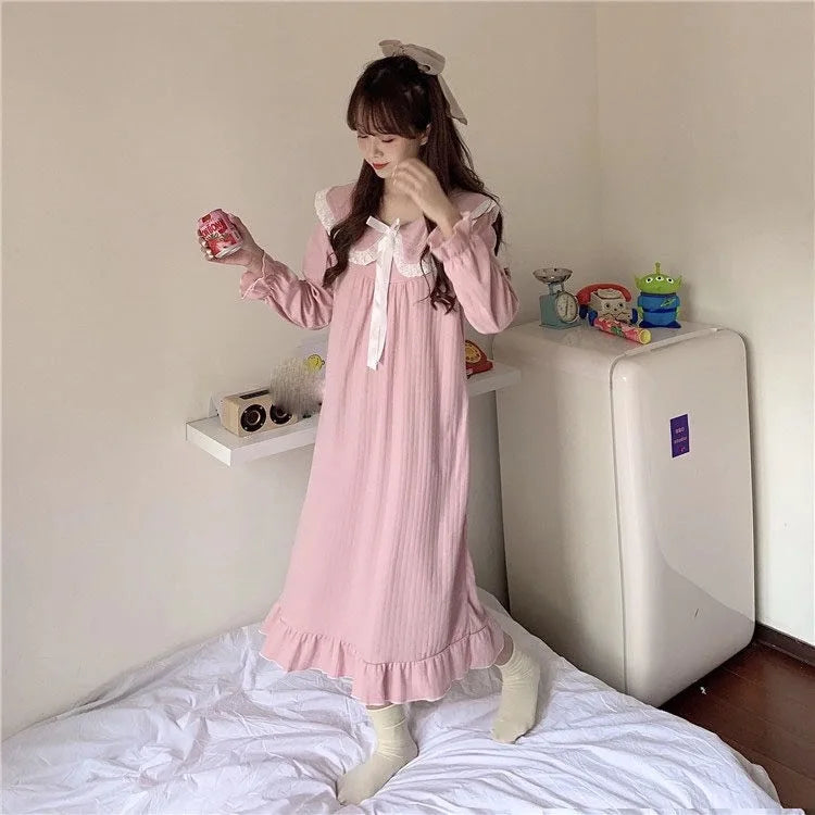 NS Style Women's Long-Sleeved Nightgown – Knee-Length Pajamas with Doll Collar, Princess-Inspired Fairy Court Design, Perfect for Spring and Fall Lounging