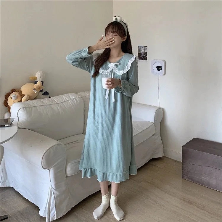 NS Style Women's Long-Sleeved Nightgown – Knee-Length Pajamas with Doll Collar, Princess-Inspired Fairy Court Design, Perfect for Spring and Fall Lounging