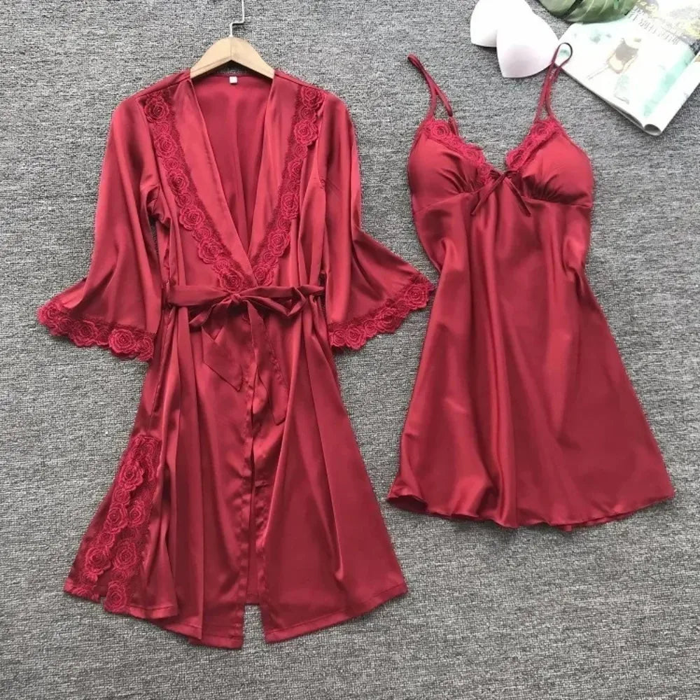 2-Piece Women's Satin Lace Sleepwear Set – Elegant Robe & Nightdress