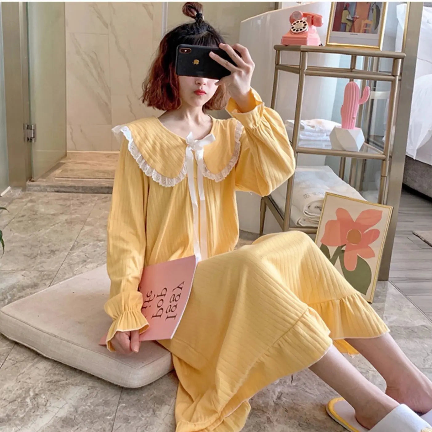 NS Style Women's Long-Sleeved Nightgown – Knee-Length Pajamas with Doll Collar, Princess-Inspired Fairy Court Design, Perfect for Spring and Fall Lounging