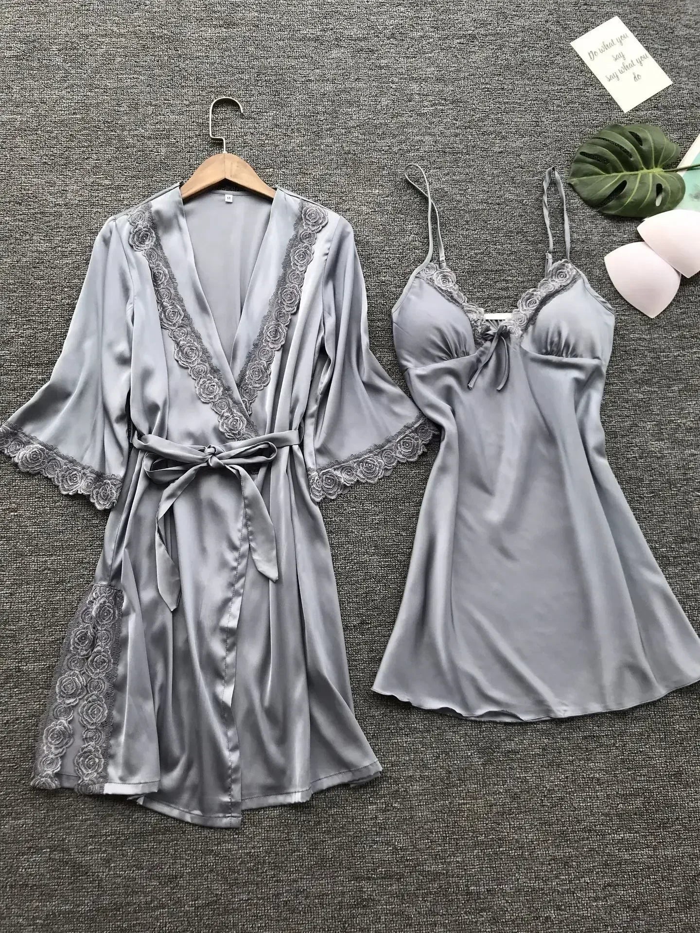 2-Piece Women's Satin Lace Sleepwear Set – Elegant Robe & Nightdress