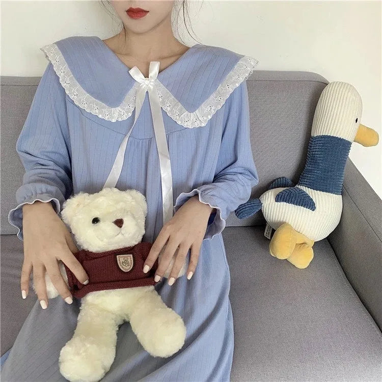 NS Style Women's Long-Sleeved Nightgown – Knee-Length Pajamas with Doll Collar, Princess-Inspired Fairy Court Design, Perfect for Spring and Fall Lounging