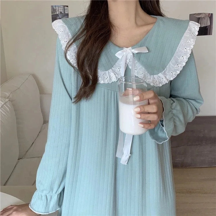 NS Style Women's Long-Sleeved Nightgown – Knee-Length Pajamas with Doll Collar, Princess-Inspired Fairy Court Design, Perfect for Spring and Fall Lounging