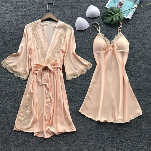 2-Piece Women's Satin Lace Sleepwear Set – Elegant Robe & Nightdress