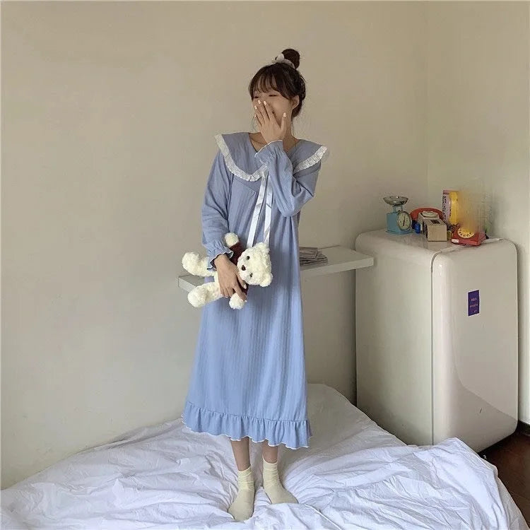 NS Style Women's Long-Sleeved Nightgown – Knee-Length Pajamas with Doll Collar, Princess-Inspired Fairy Court Design, Perfect for Spring and Fall Lounging