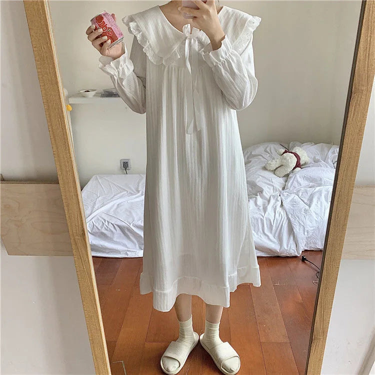 NS Style Women's Long-Sleeved Nightgown – Knee-Length Pajamas with Doll Collar, Princess-Inspired Fairy Court Design, Perfect for Spring and Fall Lounging