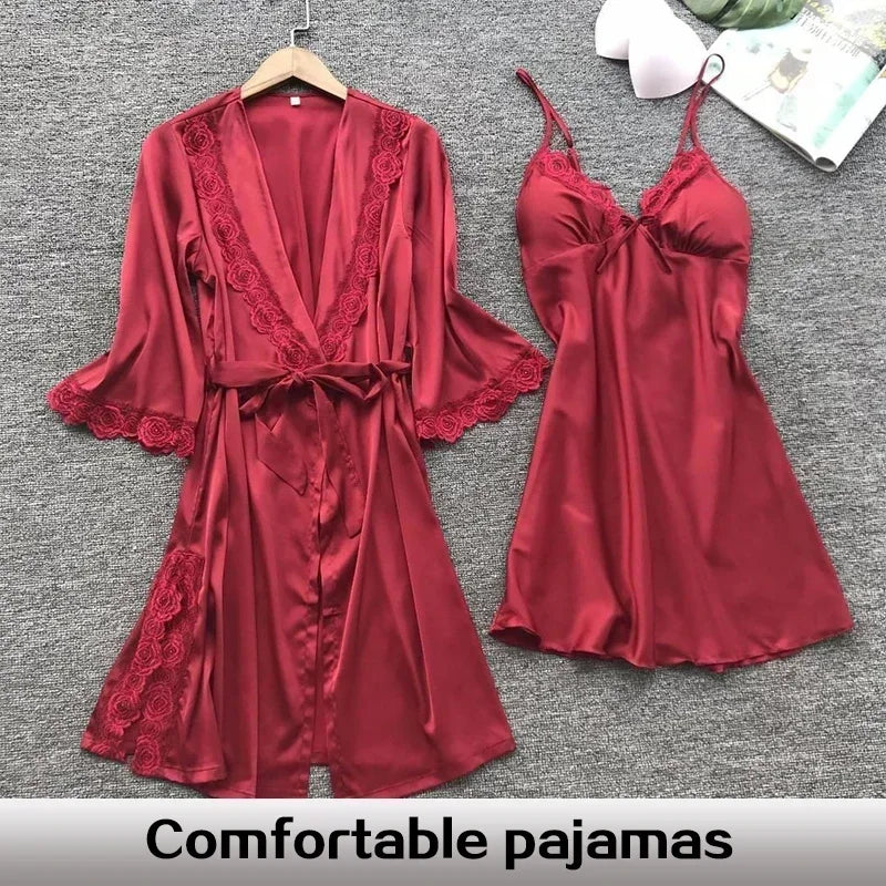2-Piece Women's Satin Lace Sleepwear Set – Elegant Robe & Nightdress