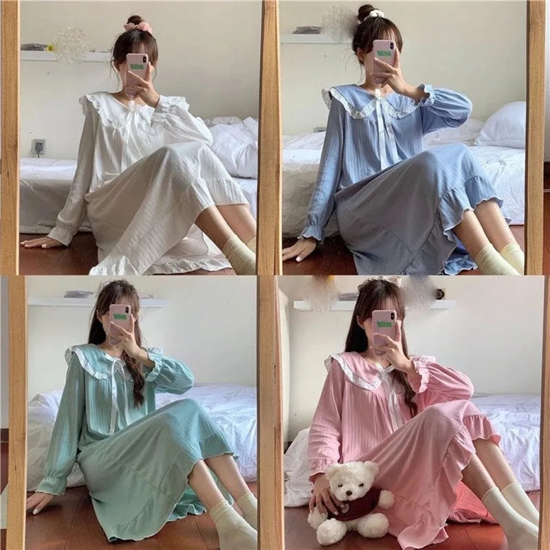NS Style Women's Long-Sleeved Nightgown – Knee-Length Pajamas with Doll Collar, Princess-Inspired Fairy Court Design, Perfect for Spring and Fall Lounging