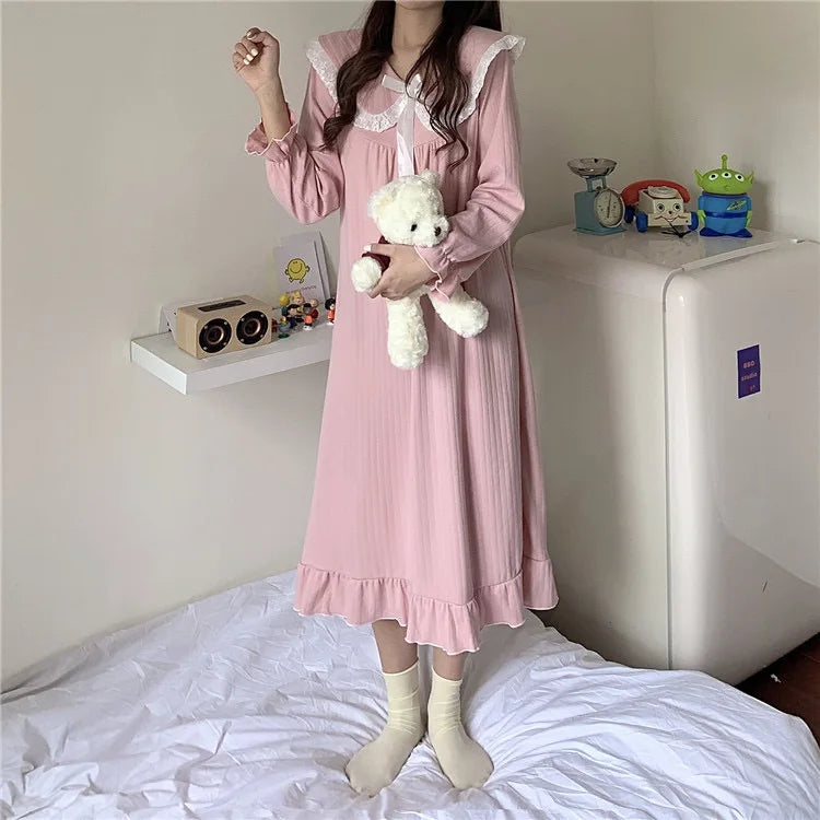 NS Style Women's Long-Sleeved Nightgown – Knee-Length Pajamas with Doll Collar, Princess-Inspired Fairy Court Design, Perfect for Spring and Fall Lounging