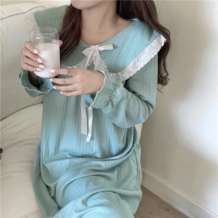 NS Style Women's Long-Sleeved Nightgown – Knee-Length Pajamas with Doll Collar, Princess-Inspired Fairy Court Design, Perfect for Spring and Fall Lounging