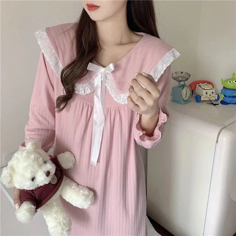 NS Style Women's Long-Sleeved Nightgown – Knee-Length Pajamas with Doll Collar, Princess-Inspired Fairy Court Design, Perfect for Spring and Fall Lounging