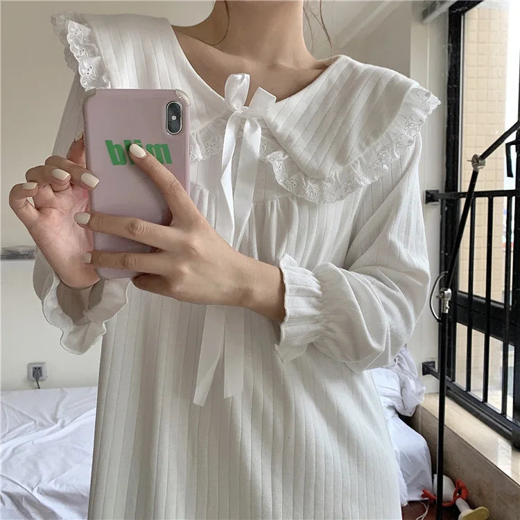 NS Style Women's Long-Sleeved Nightgown – Knee-Length Pajamas with Doll Collar, Princess-Inspired Fairy Court Design, Perfect for Spring and Fall Lounging