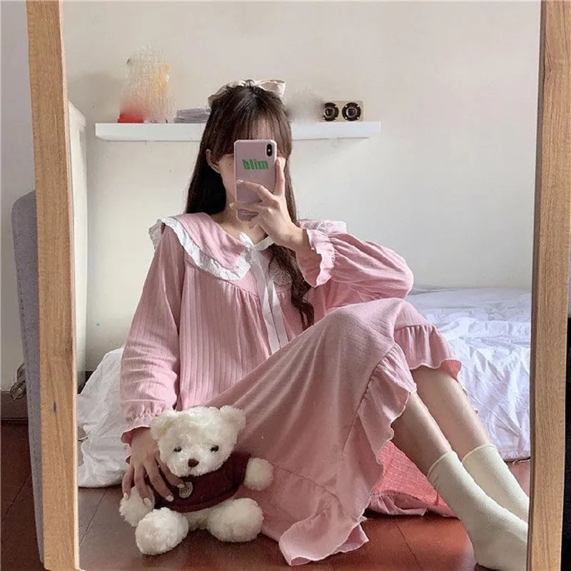 NS Style Women's Long-Sleeved Nightgown – Knee-Length Pajamas with Doll Collar, Princess-Inspired Fairy Court Design, Perfect for Spring and Fall Lounging
