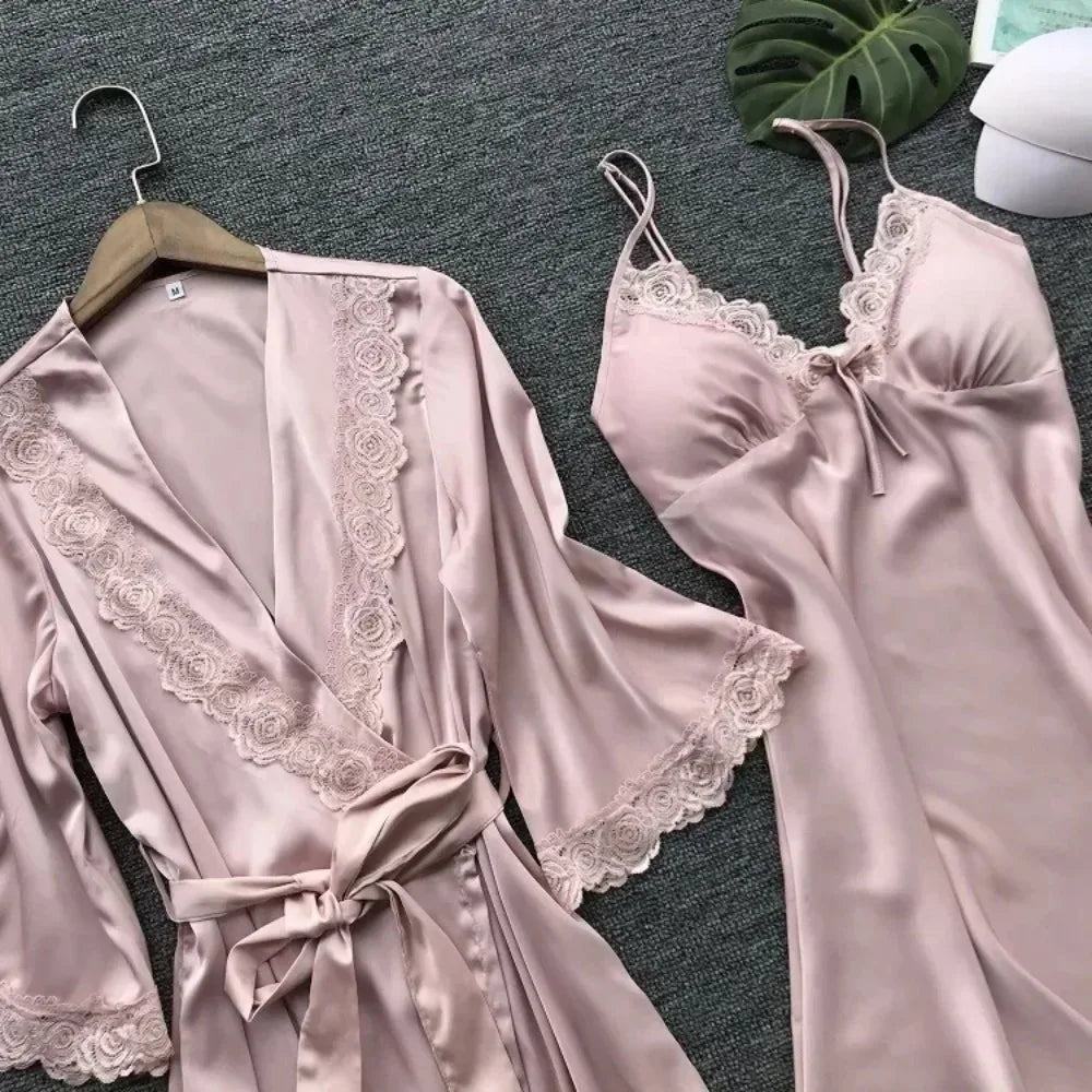 2-Piece Women's Satin Lace Sleepwear Set – Elegant Robe & Nightdress