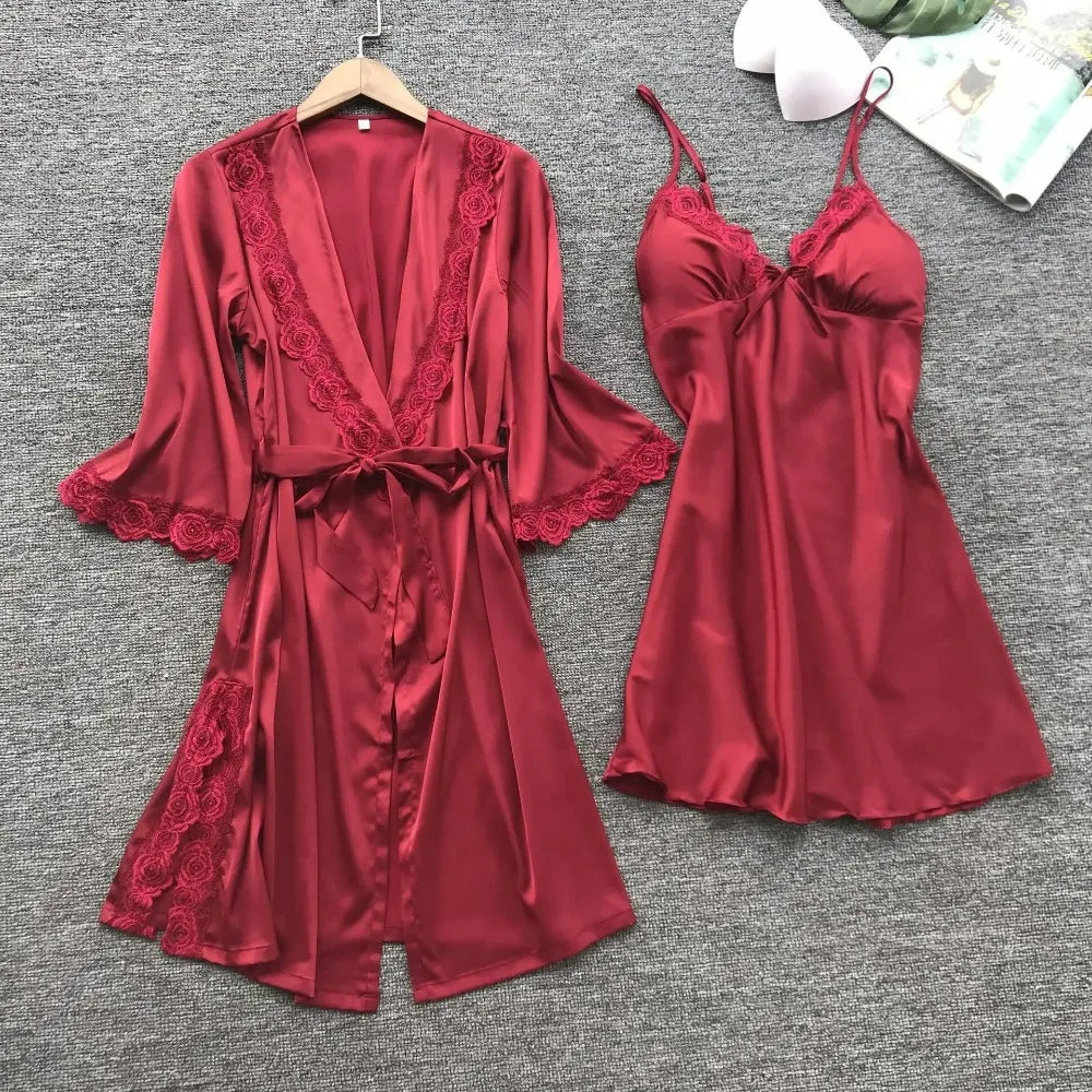 2-Piece Women's Satin Lace Sleepwear Set – Elegant Robe & Nightdress