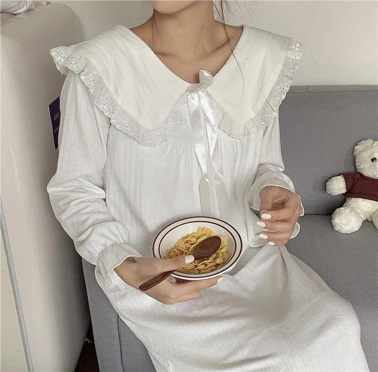 NS Style Women's Long-Sleeved Nightgown – Knee-Length Pajamas with Doll Collar, Princess-Inspired Fairy Court Design, Perfect for Spring and Fall Lounging