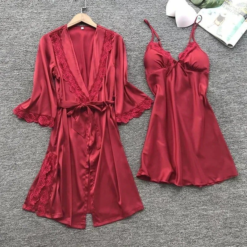 2-Piece Women's Satin Lace Sleepwear Set – Elegant Robe & Nightdress