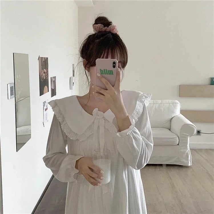 NS Style Women's Long-Sleeved Nightgown – Knee-Length Pajamas with Doll Collar, Princess-Inspired Fairy Court Design, Perfect for Spring and Fall Lounging