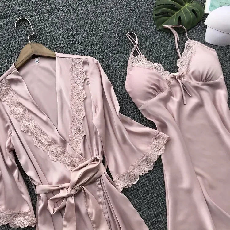 2-Piece Women's Satin Lace Sleepwear Set – Elegant Robe & Nightdress