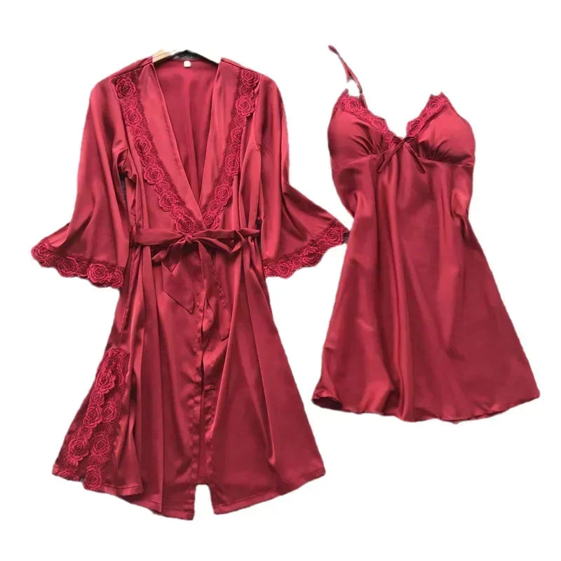 2-Piece Women's Satin Lace Sleepwear Set – Elegant Robe & Nightdress