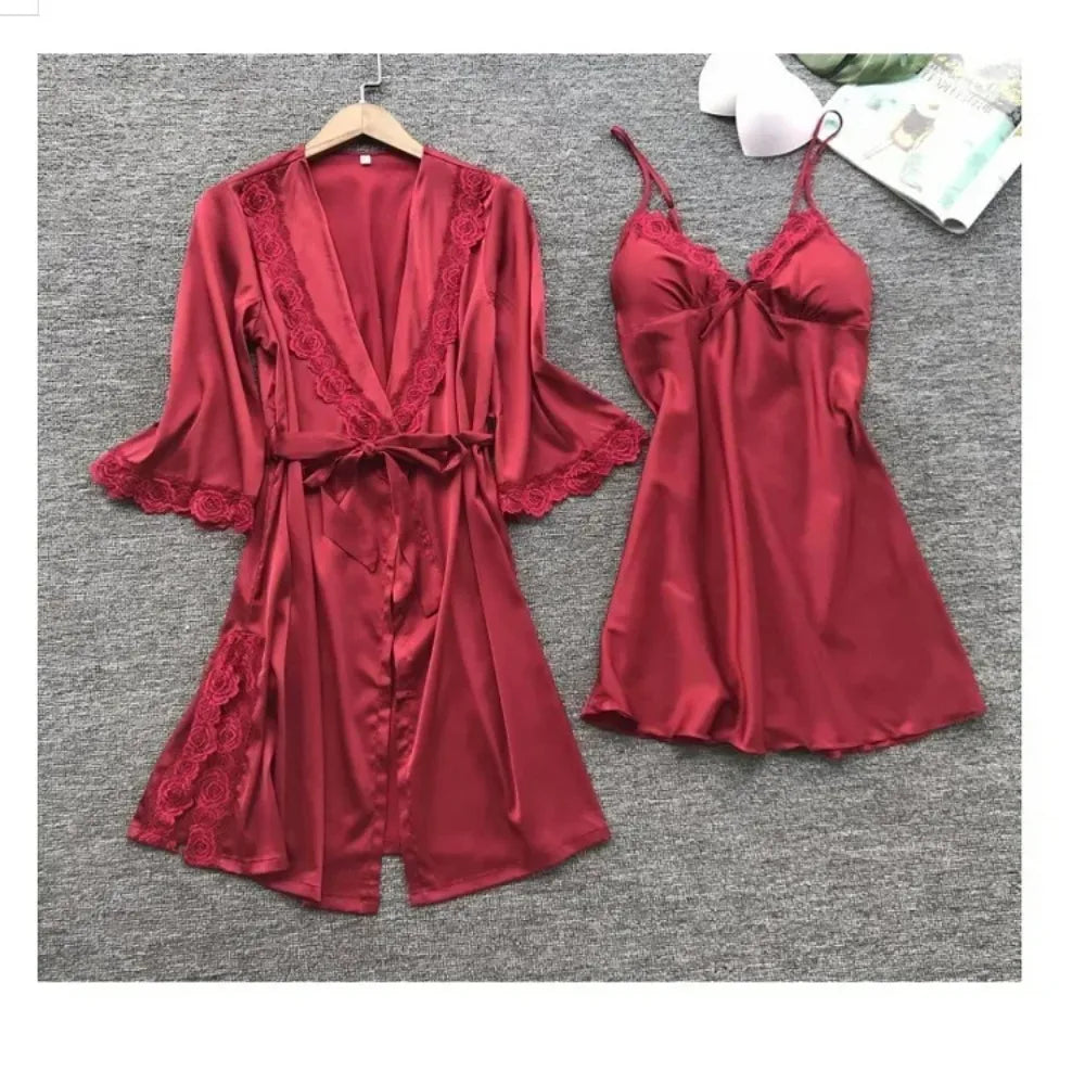 2-Piece Women's Satin Lace Sleepwear Set – Elegant Robe & Nightdress