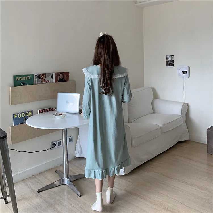 NS Style Women's Long-Sleeved Nightgown – Knee-Length Pajamas with Doll Collar, Princess-Inspired Fairy Court Design, Perfect for Spring and Fall Lounging