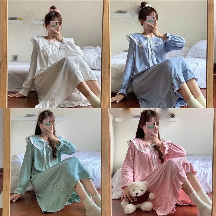 NS Style Women's Long-Sleeved Nightgown – Knee-Length Pajamas with Doll Collar, Princess-Inspired Fairy Court Design, Perfect for Spring and Fall Lounging