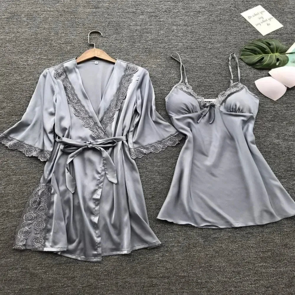 2-Piece Women's Satin Lace Sleepwear Set – Elegant Robe & Nightdress