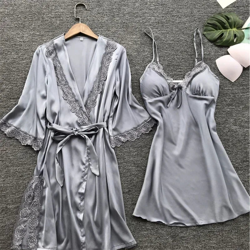 2-Piece Women's Satin Lace Sleepwear Set – Elegant Robe & Nightdress