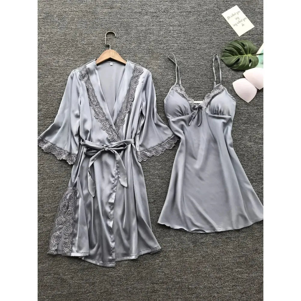 2-Piece Women's Satin Lace Sleepwear Set – Elegant Robe & Nightdress